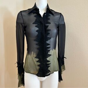 Versace Silk Blouse Lace X Small to Small Sheer Top Long Sleeves Button Front